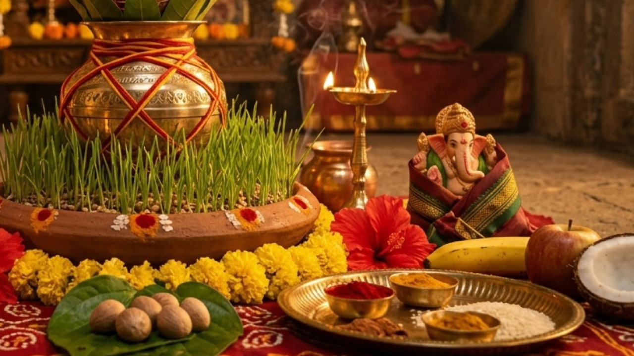 भगवान विष्णु की पूजा सामग्री — पीतल की पूजा थाली में तुलसी पत्र, पीले पुष्प और दीपक