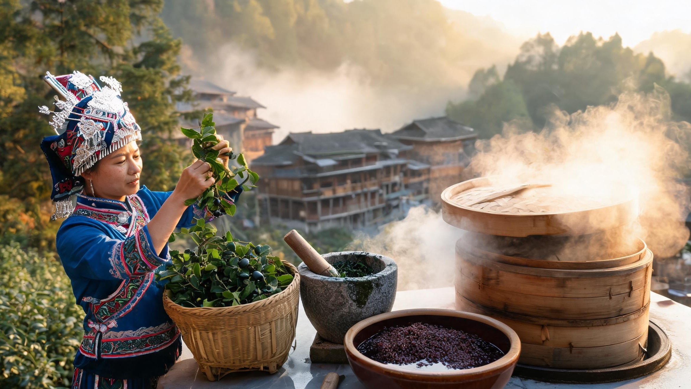 畲族乌米饭·采叶蒸制