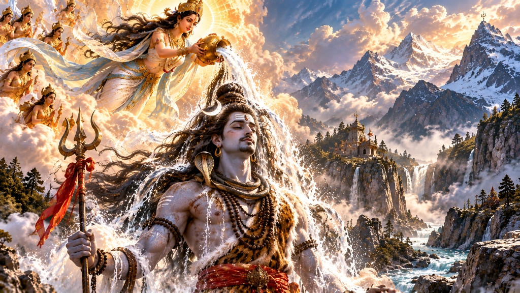 भगवान शिव की जटाओं में माँ गंगा का अवतरण — गंगा के प्रचंड वेग को नियंत्रित करते गंगाधर महादेव
