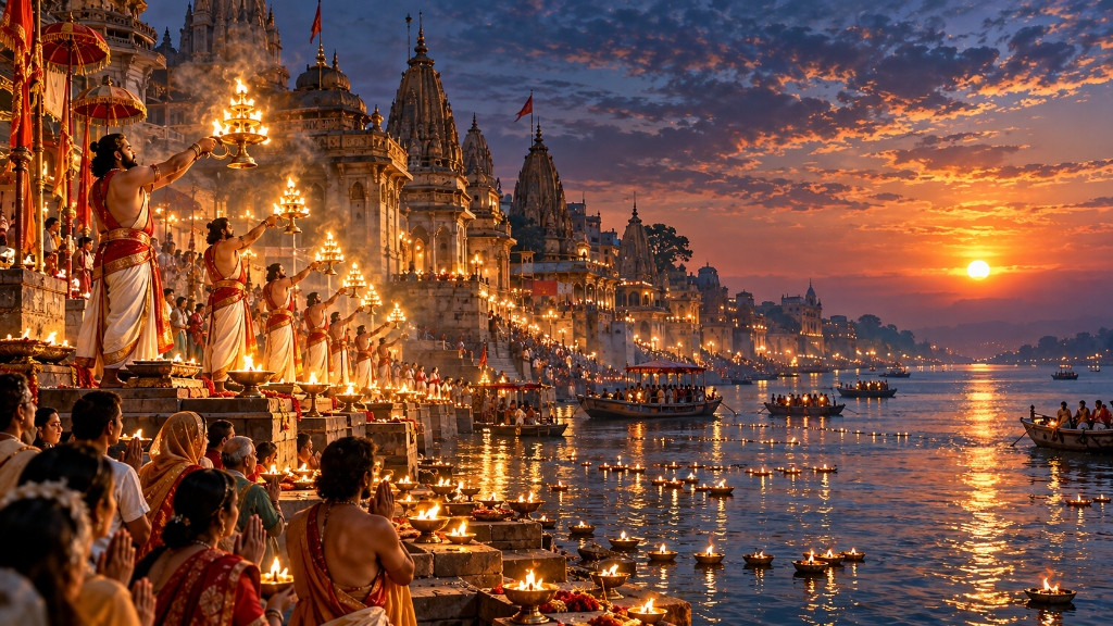 गंगा तट पर संध्या महाआरती एवं सहस्र दीपों का पावन दृश्य — काशी दशाश्वमेध घाट पर भव्य आरती