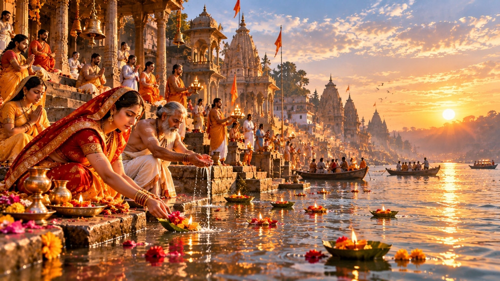 गंगा पूजा एवं दीपदान — पावन तट पर गंगाजल में अर्घ्य समर्पण और दीपोत्सर्ग करते श्रद्धालु