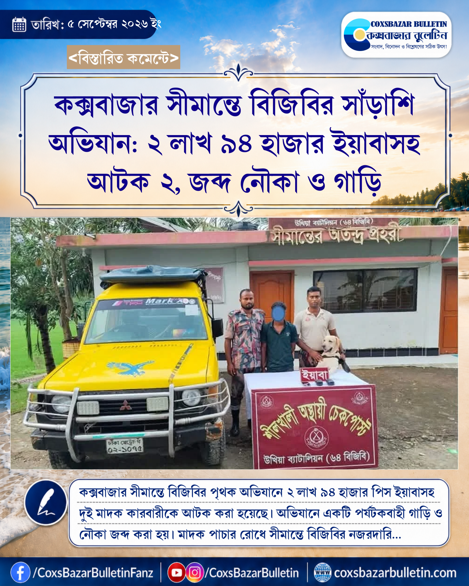 কক্সবাজার সীমান্তে বিজিবির সাঁড়াশি অভিযান: ২ লাখ ৯৪ হাজার ইয়াবাসহ আটক ২, জব্দ নৌকা ও গাড়ি
