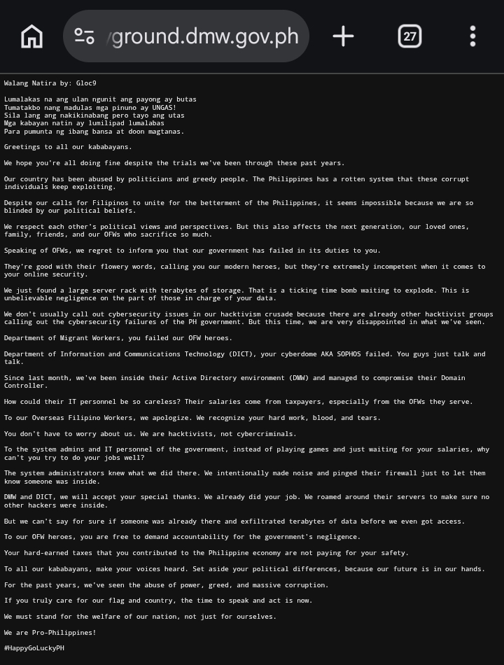 HappyGoLuckyPH Group Claims Massive Network Breach and Defacement Targeting DMW