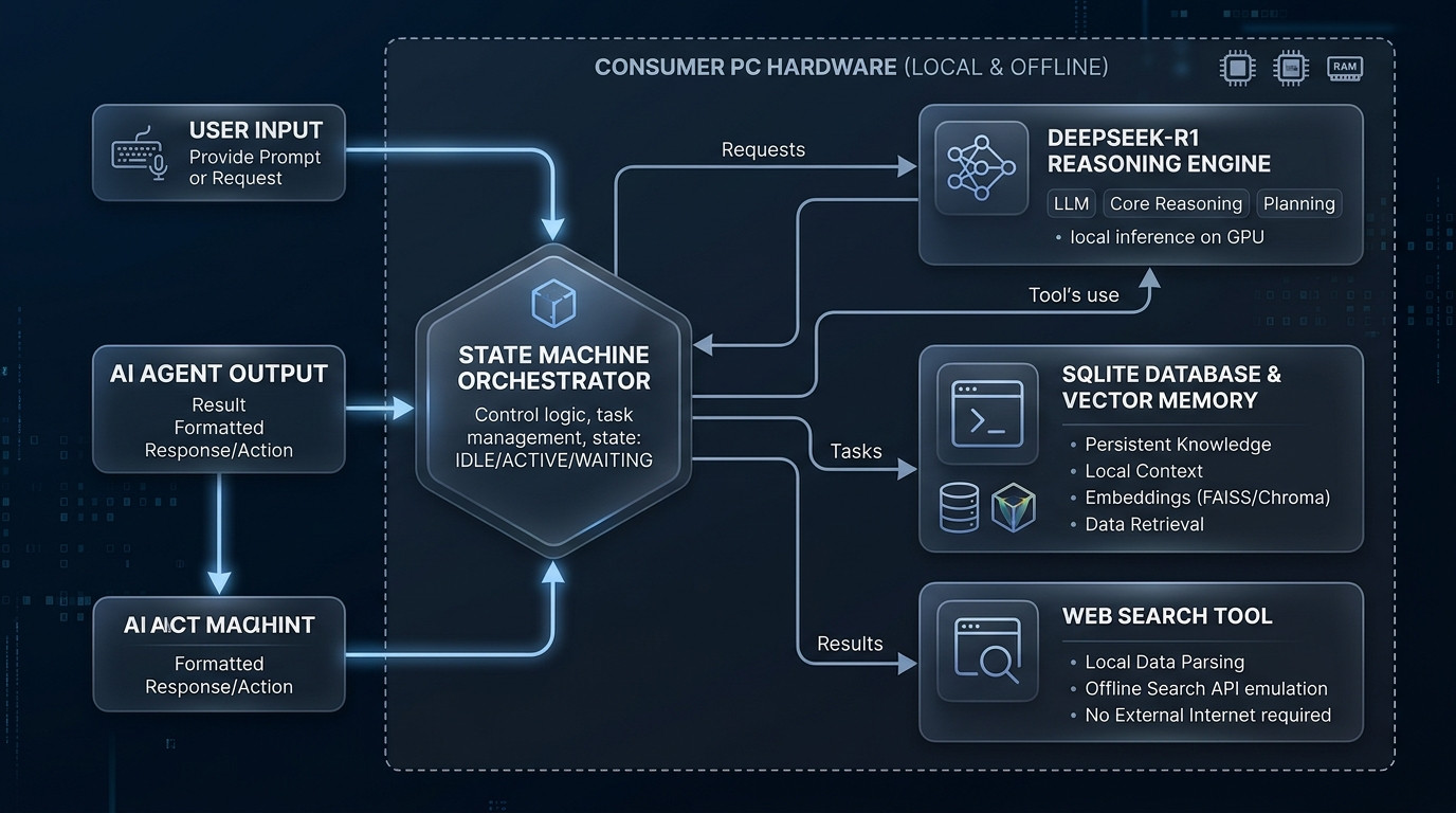 Technical system architecture diagram showing LangGraph state machine orchestrating DeepSeek-R1 local reasoning, tool calling, and SQLite vector memory