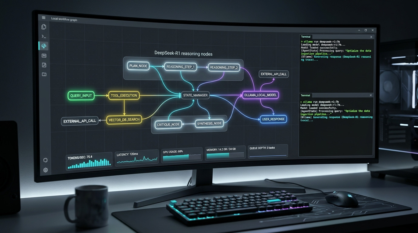 Local DeepSeek-R1 agentic workflow interface showing LangGraph state machine execution, Ollama terminal tokens, and consumer GPU telemetry