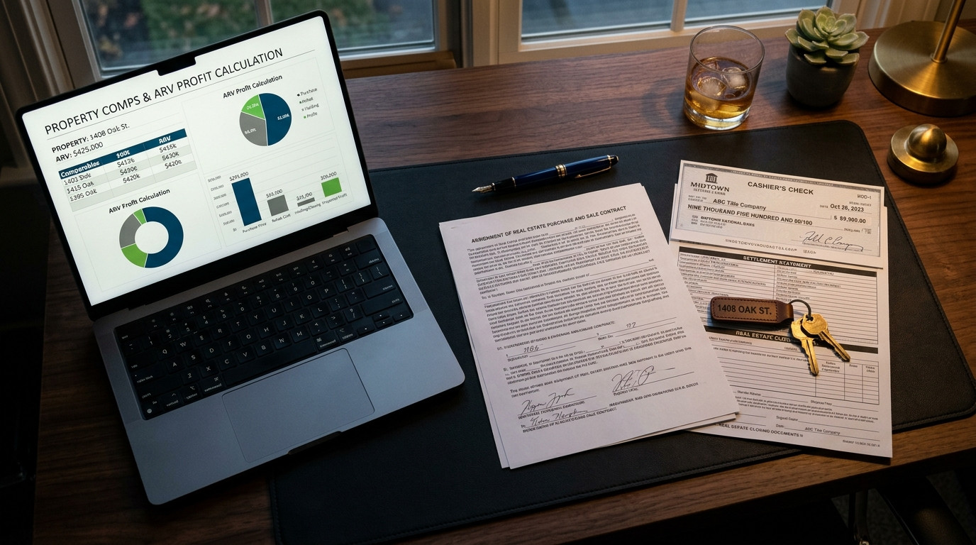 Real estate contract assignment paperwork with certified cashier check for 9500 dollars, closing settlement statement, and property ARV comps laptop