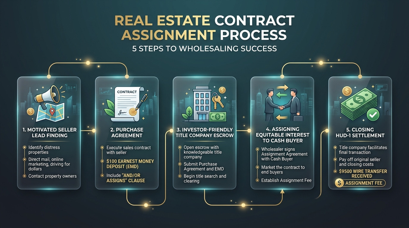 Flowchart infographic of the real estate contract assignment process across lead finding, purchase agreement, title escrow, assignment, and closing wire
