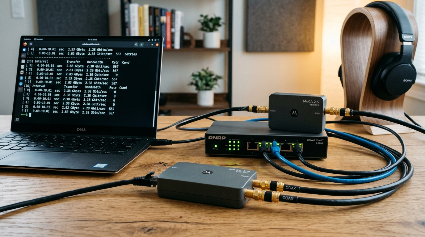 MoCA 2.5 adapter hardware setup converting coaxial cable wall outlet to 2.5GbE Ethernet with 2380 Mbps iPerf3 terminal throughput