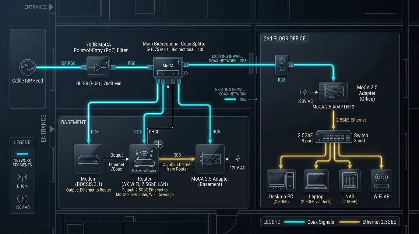 MoCA 2.5 home network topology diagram showing ISP feed, 70dB POE filter, 5-1675MHz splitter, and 2.5GbE switch
