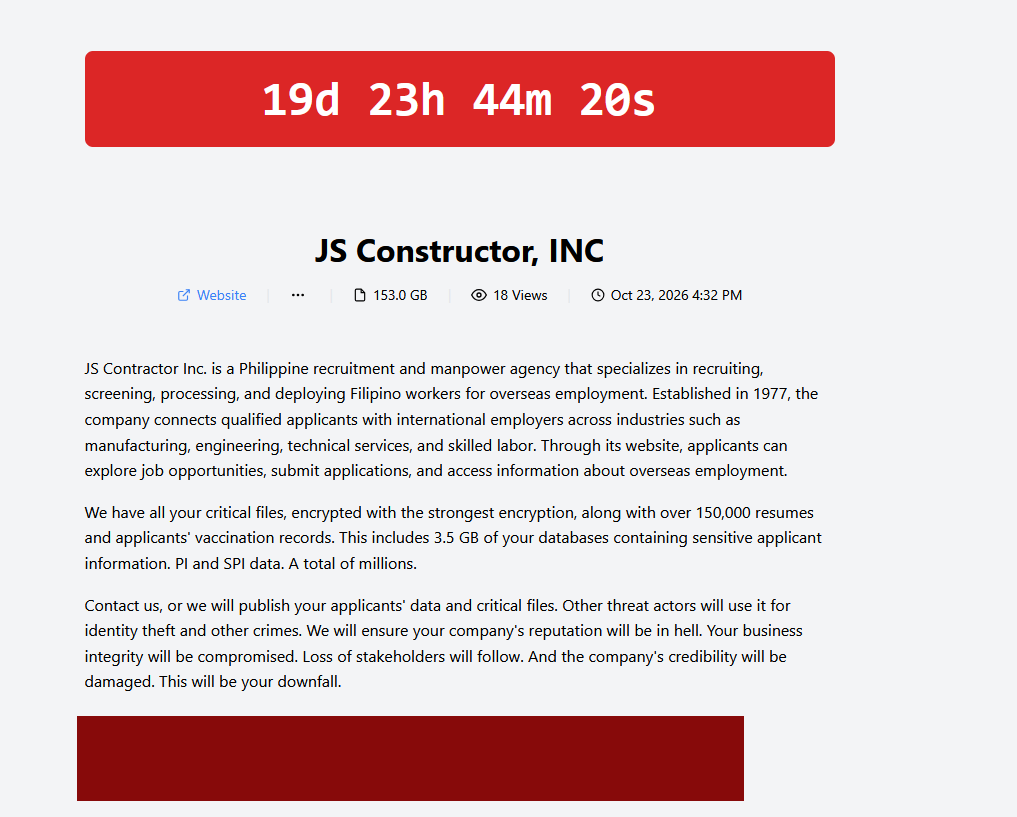 JS Contractor Inc. Listed on EMPERADOR Ransomware Leak Site