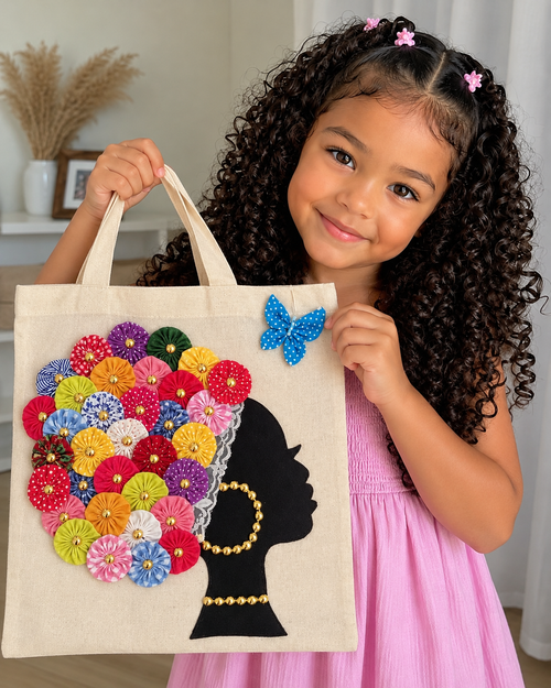 Menina sorridente com bolsa artesanal colorida.2