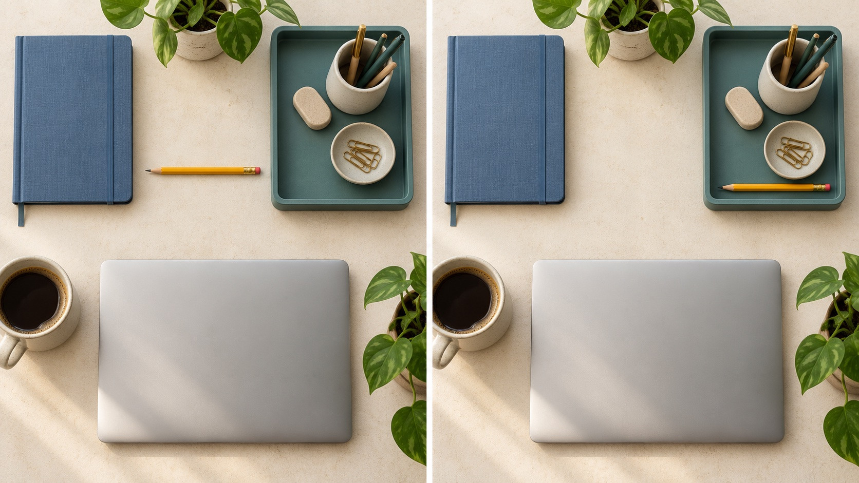 Two matching overhead desk compositions, with one yellow pencil beside the teal tray on the left and inside it on the right.