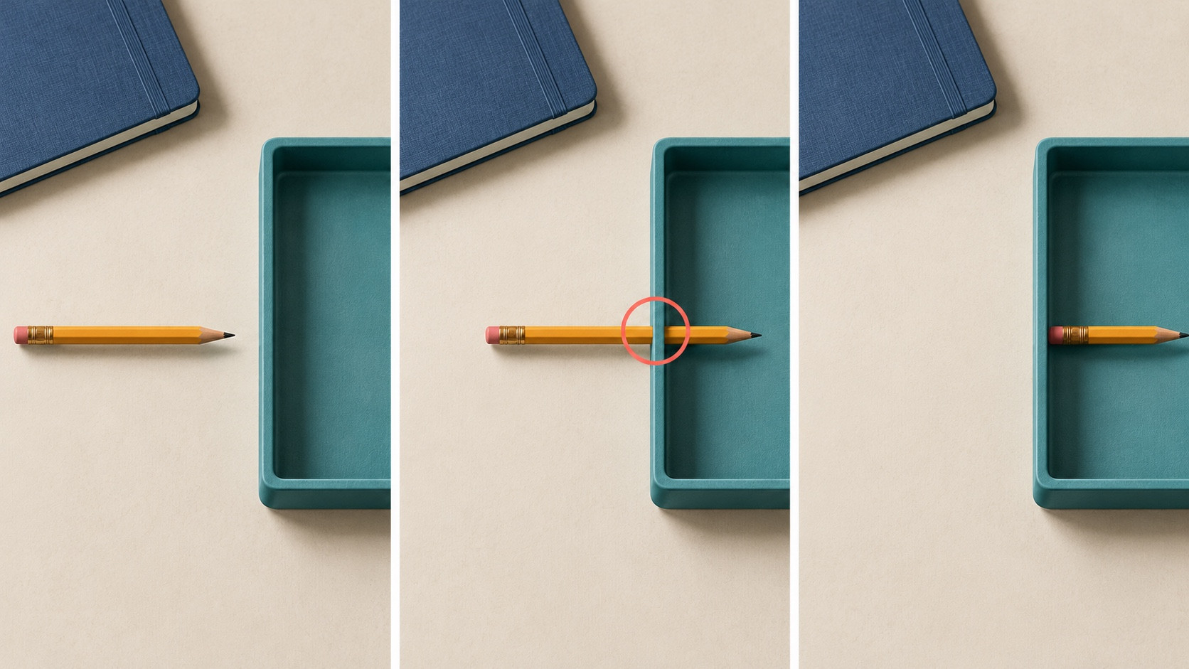 Three illustrated desk frames show a pencil beside a tray, impossibly intersecting its solid rim in the middle, and resting inside at the end; the intersection is circled.