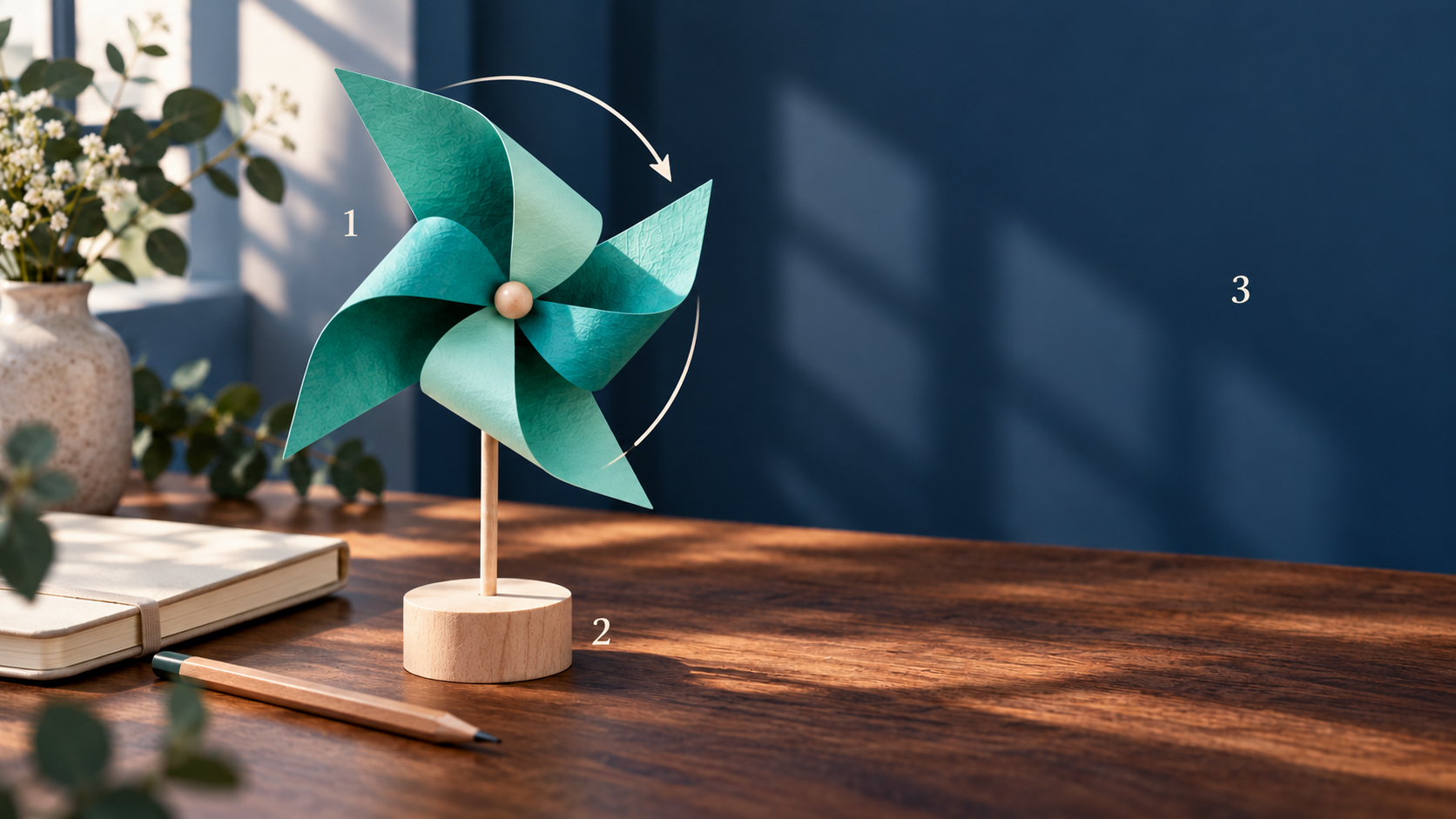 A teal paper pinwheel with annotations separating its moving paper blades from the stationary stand and background.