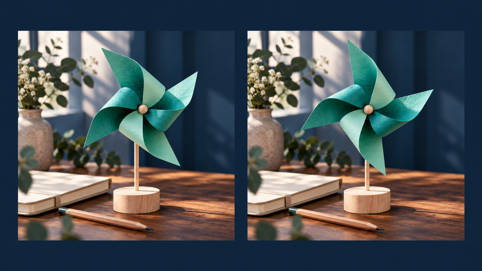 Two matching square views of a teal pinwheel, with a small change in blade orientation between the opening and closing compositions.