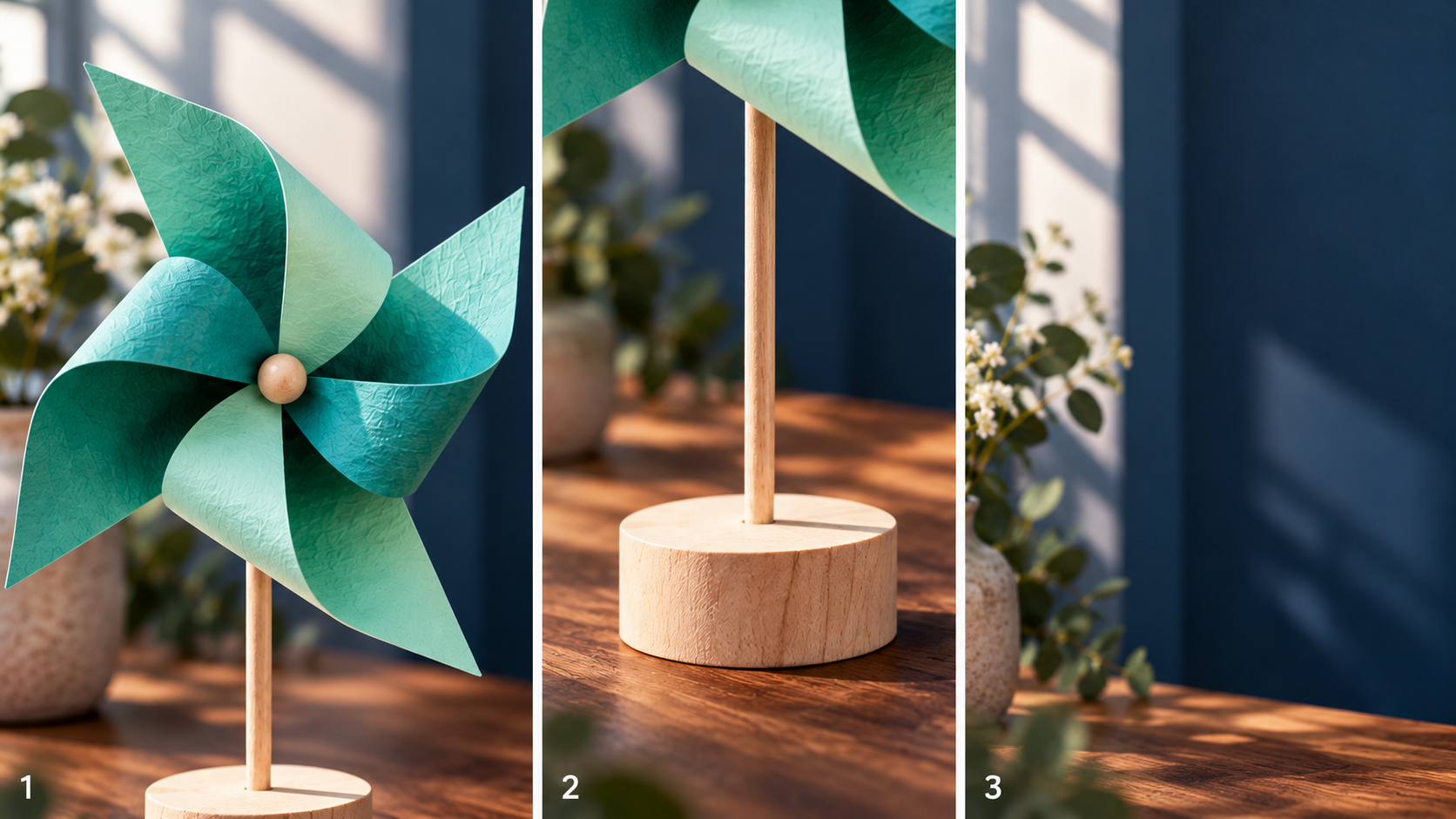 Three detail views of the paper blades, wooden support and background used to plan a motion review.