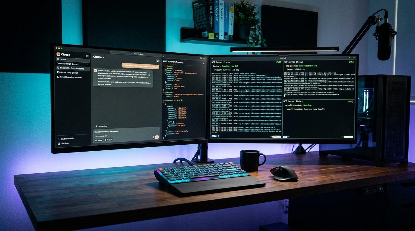 Modern Developer Studio Workstation with Dual Monitors Displaying Model Context Protocol Architecture, Claude Desktop Tools, and Terminal Docker Nodes