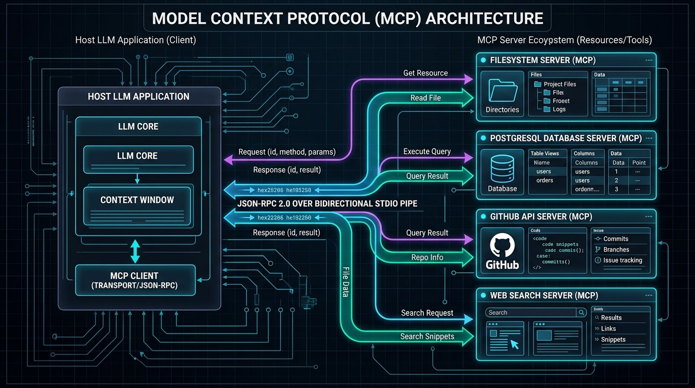 Model Context Protocol Technical Architecture Diagram Illustrating Host LLM Client Communicating via Bidirectional Stdio Pipe to Discrete MCP Servers