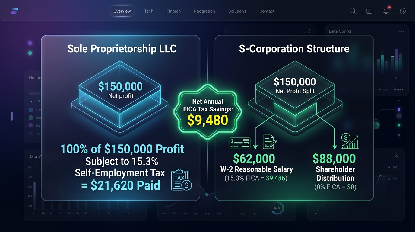 High-tech fintech architectural diagram showing Sole Proprietorship LLC versus S-Corporation tax flow and $9,480 annual FICA savings