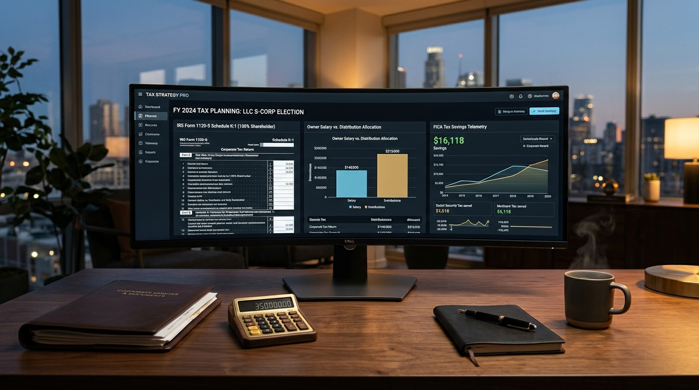 S-Corporation reasonable salary calculation software interface showing corporate tax return balance sheet and FICA tax savings telemetry