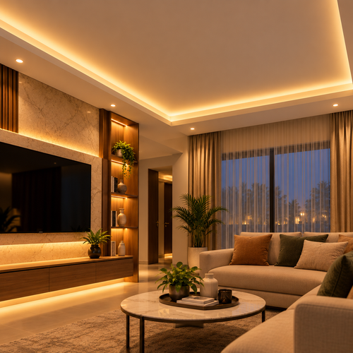Warm Lit Modern Living Room at Dusk.2