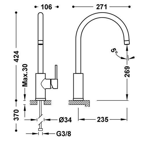 disegno tecnico miscelatore cucina tres kitchens 23044005.1