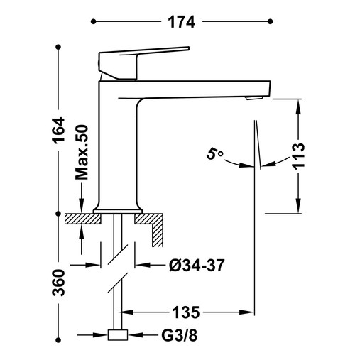 disegno tecnico miscelatore lavabo tres project 22110301.1