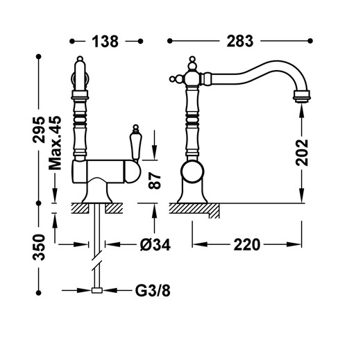 disegno tecnico miscelatore cucina tres clasic color 24233401.1