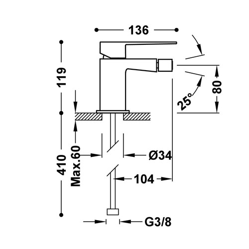 disegno tecnico miscelatore bidet tres slim 20212001.1