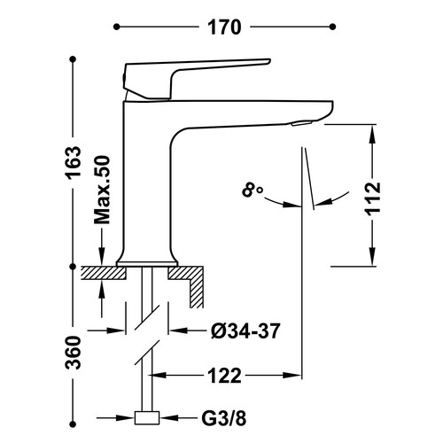 disegno tecnico miscelatore lavabo tres loft 22210301.1