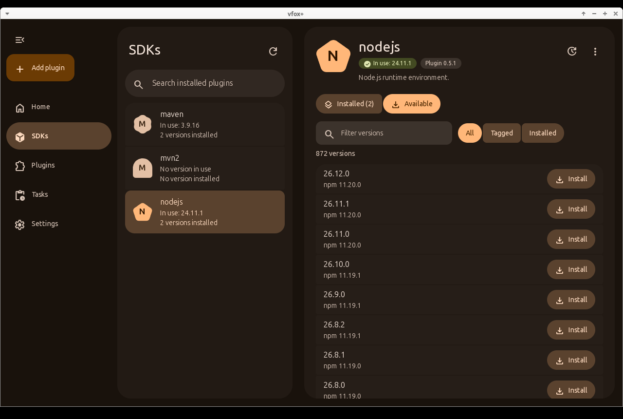 Available versions of nodejs, dark theme