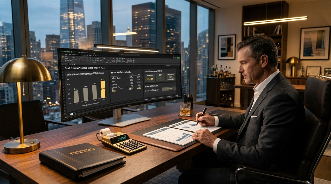 Executive financial office desk showing small business valuation model, Seller Discretionary Earnings SDE multiples, and balance sheet appraisal metrics