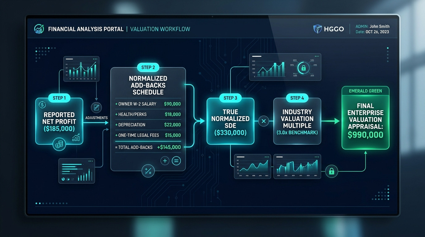 High-tech fintech architectural workflow diagram showing the complete Small Business Valuation Appraisal formula from Reported Net Profit to Normalized SDE to Final Enterprise Valuation