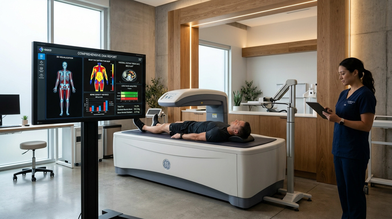 Clinical Longevity Facility with Modern DEXA Full Body Composition Scanner and High Resolution Telemetry Displays