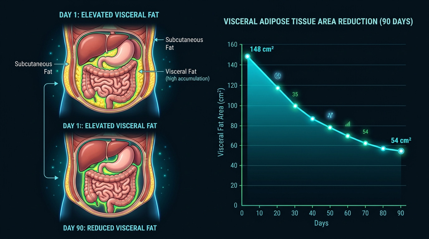 Anatomical Cross-Section Contrasting Subcutaneous Fat vs Visceral Adipose Tissue and 90-Day Reduction Line Graph from 148 to 54 cm²