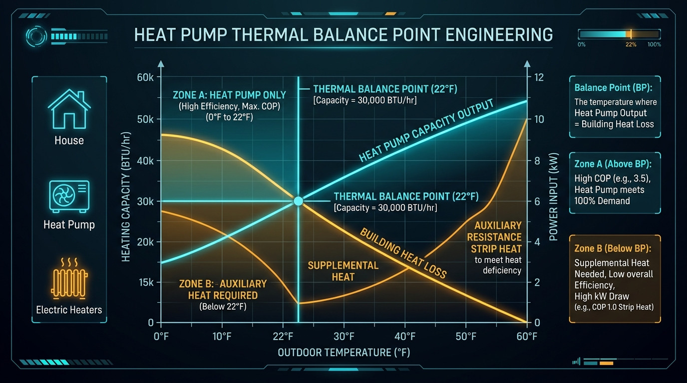 Heat Pump Thermal Balance Point Engineering Graph Showing Capacity Output vs Building Heat Loss Curves