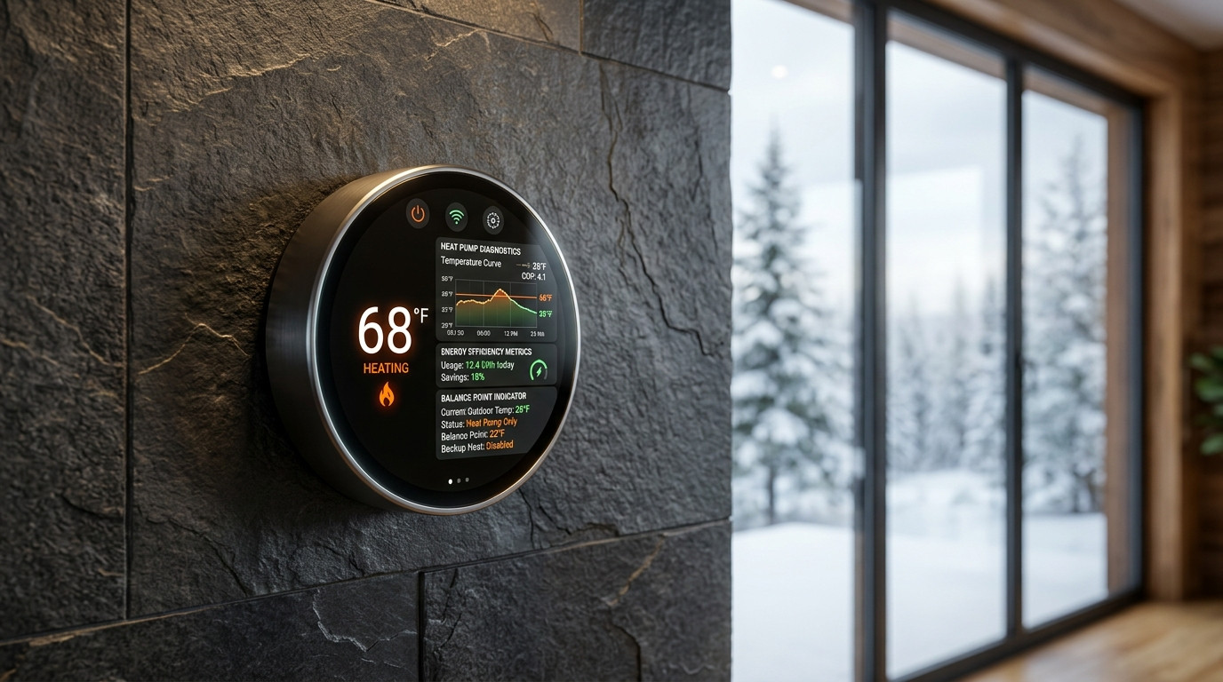 Smart Thermostat Interface Displaying Heat Pump Thermal Balance Point and Heating Diagnostics