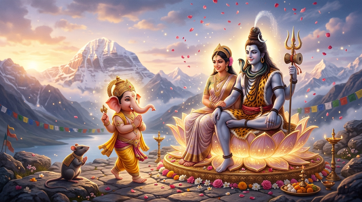 श्री गणेश की संपूर्ण ब्रह्मांड परिक्रमा: माता-पिता के चरणों में तीनों लोक समाने की पावन कथा