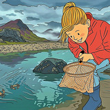 Mädchen mit Kescher erkundet Felsbecken in Comic-artiger Küstenszene.