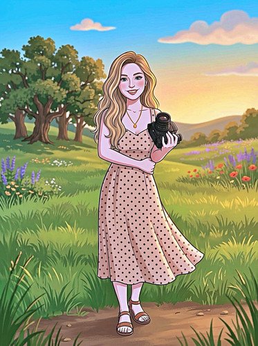 An illustrated woman with vintage camera captures golden hour in summer meadow.