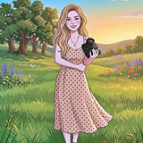 An illustrated woman with vintage camera captures golden hour in summer meadow.