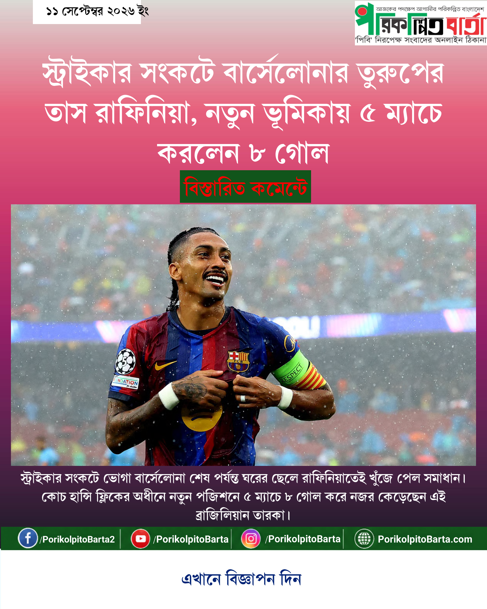 স্ট্রাইকার সংকটে বার্সেলোনার তুরুপের তাস রাফিনিয়া, নতুন ভূমিকায় ৫ ম্যাচে করলেন ৮ গোল