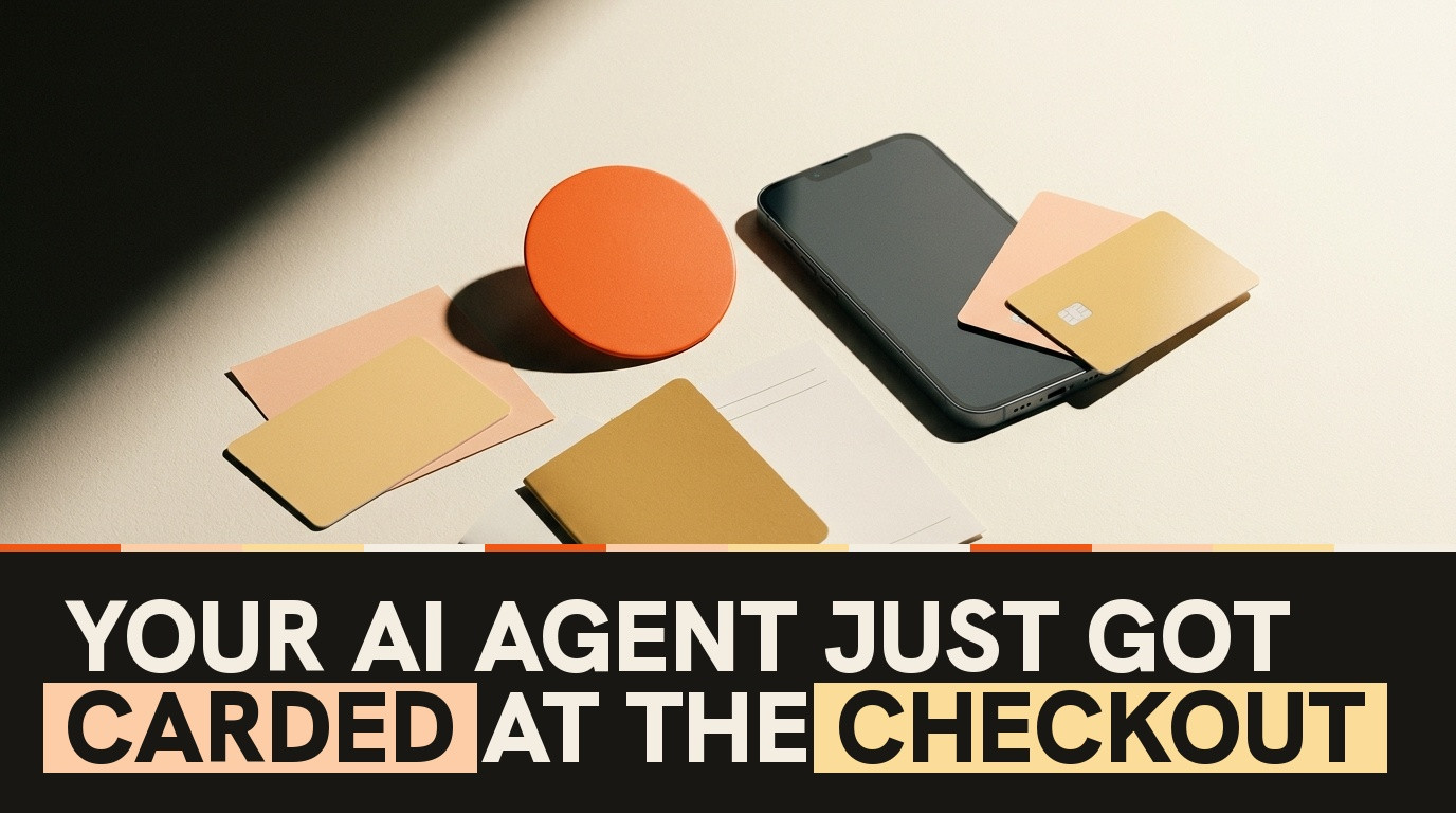 Editorial still-life photograph of payment cards and a smartphone beside an orange verification badge and identity documents on a warm ivory desk surface