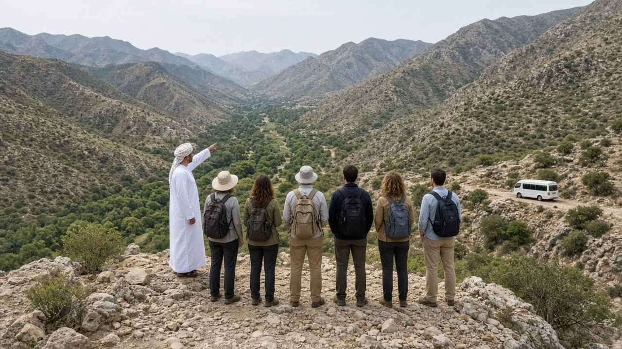 Reizigers op een uitkijkpunt boven een Omaanse wadi