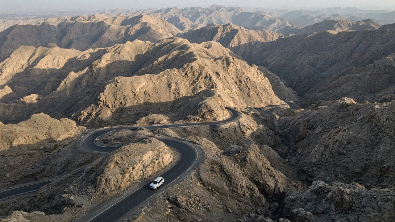 Kronkelende bergweg in het Hajar-gebergte