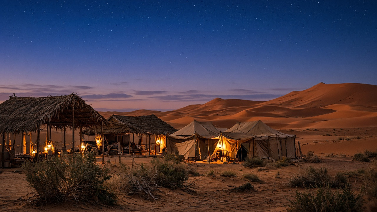 Woestijnkamp met lantaarns tussen de duinen van de Wahiba Sands