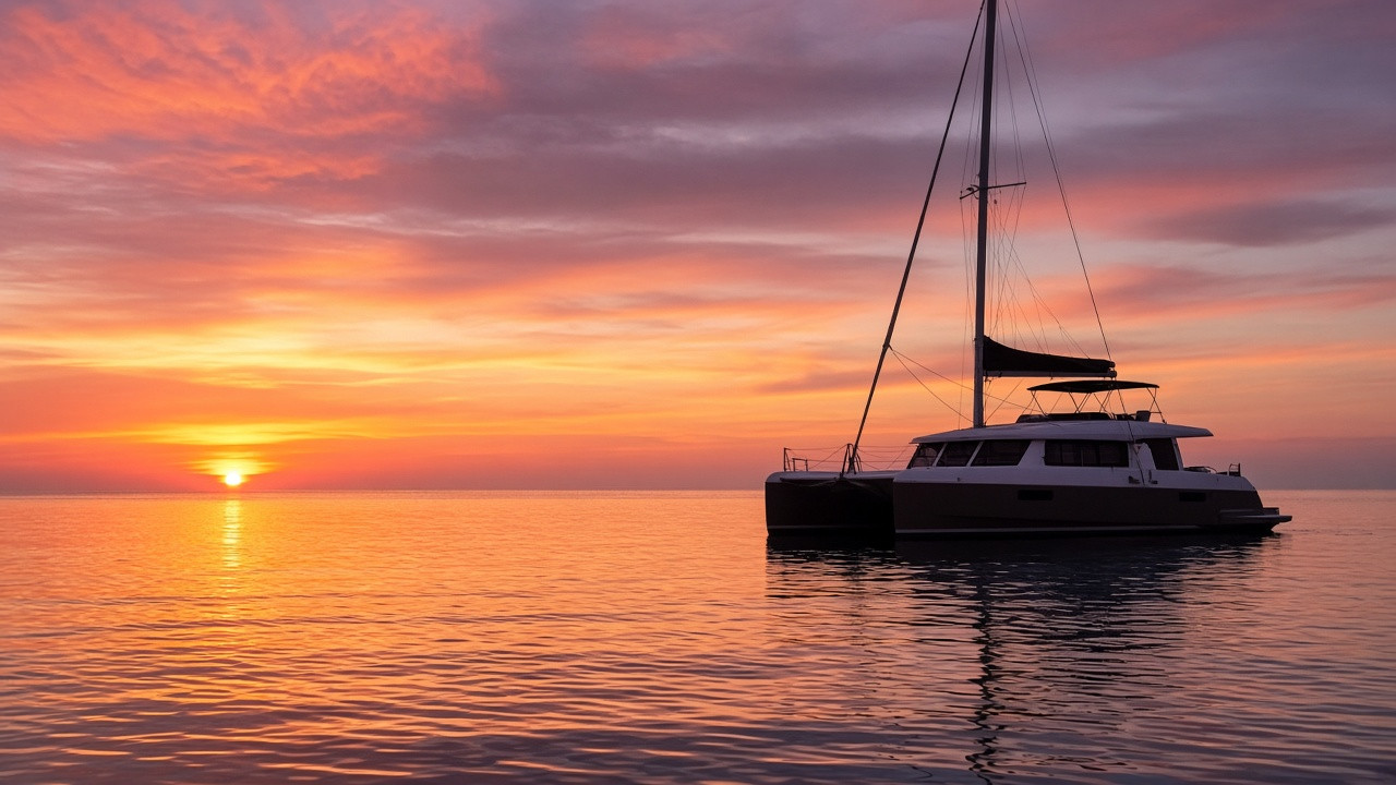 Zeilende catamaran bij zonsondergang voor de kust van Sint Maarten