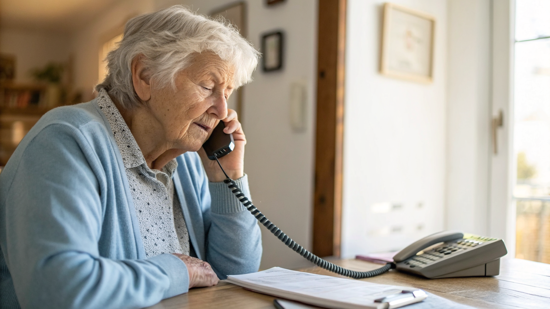 An older patient calls a hearing clinic while the reception phone rings unanswered, illustrating the cost of a missed call