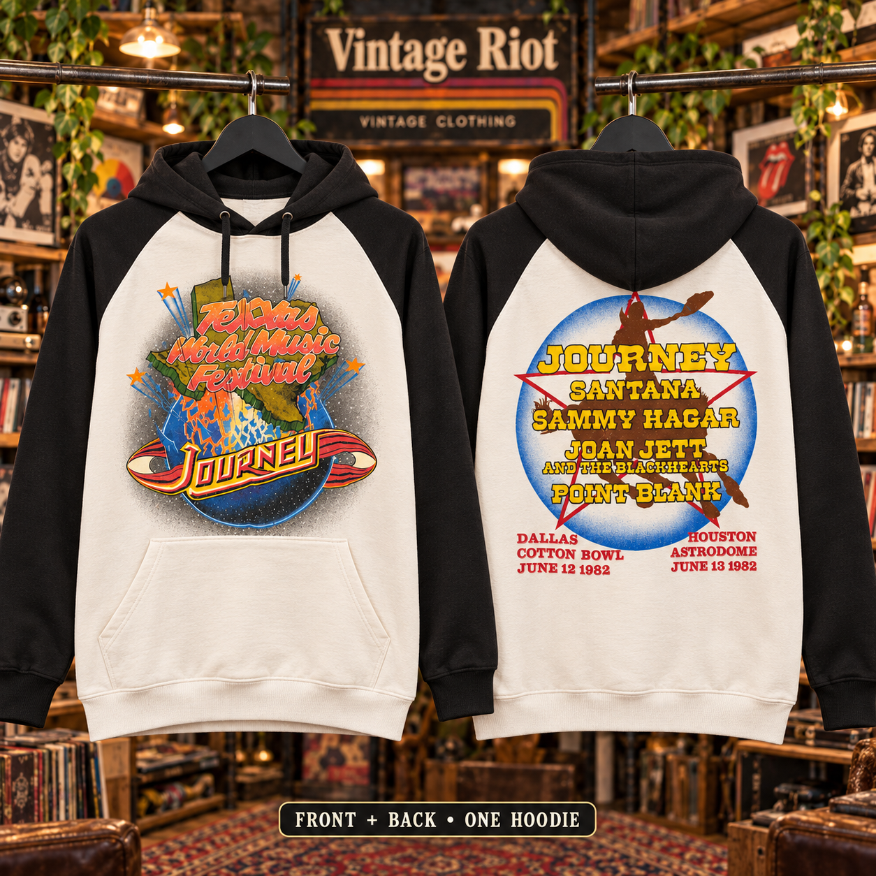 1982 Texxas Jam Retro Pullover Hoodie — Ivory / Black — hero design view