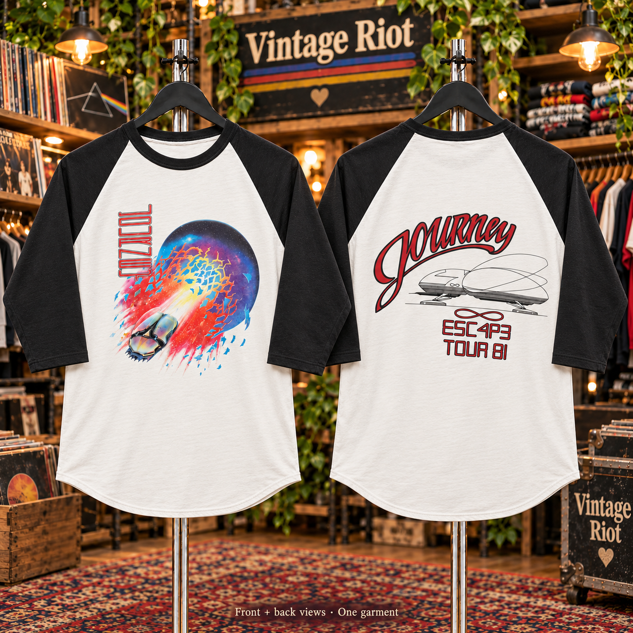 Journey Escape Tour ’81 Retro Raglan Shirt front and back views of one garment